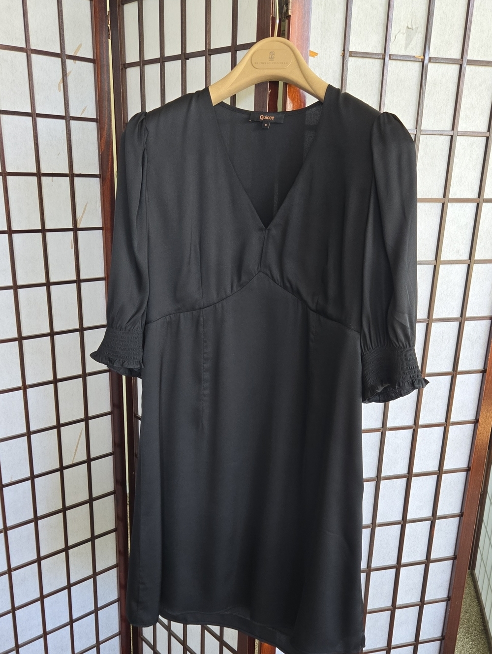 Quince Black V-Neck Smocked Cuff Midi Dress